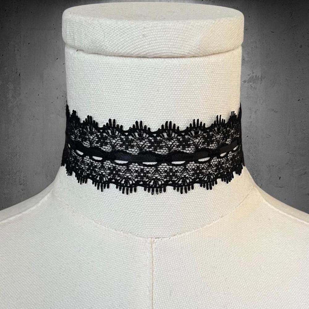 Black Floral Lace Choker Ribbon Tie Collar Necklace